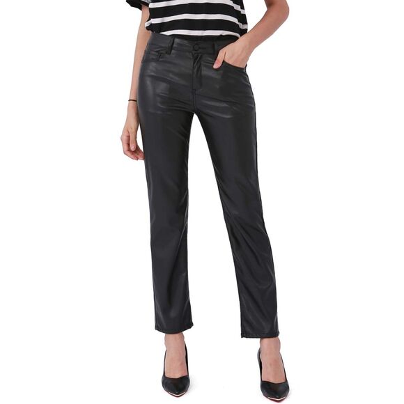Faux Leather Straight Leg Mid Waist Butt Lift Pants 5 Pockets Black Sz L - Picture 1 of 9